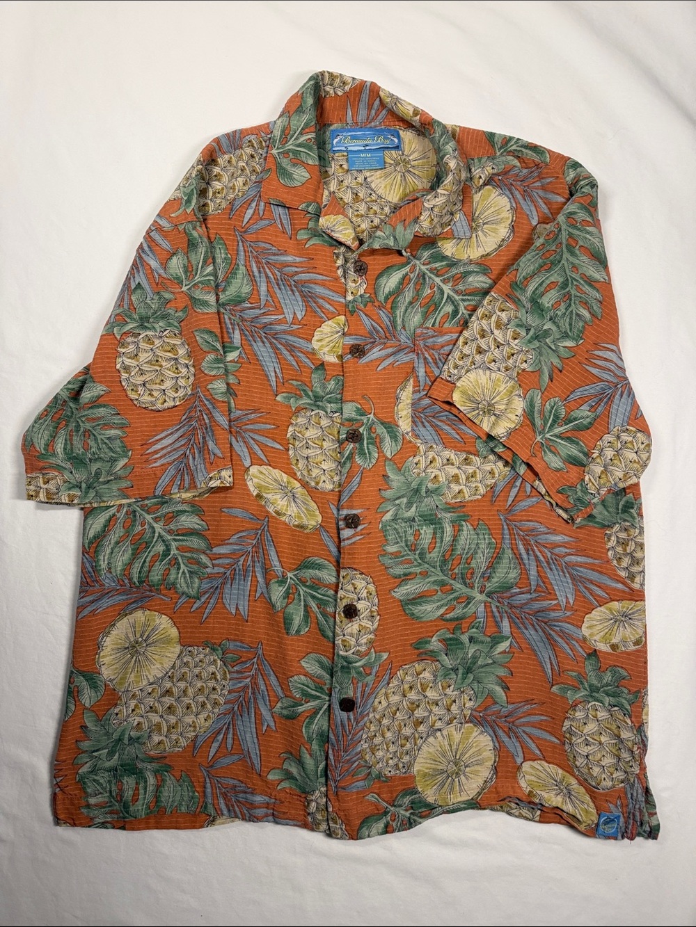 Mens Bermuda Bay 100% Silk Hawaiian Orange Pineapple & Tropical Leaf Camp Shirt